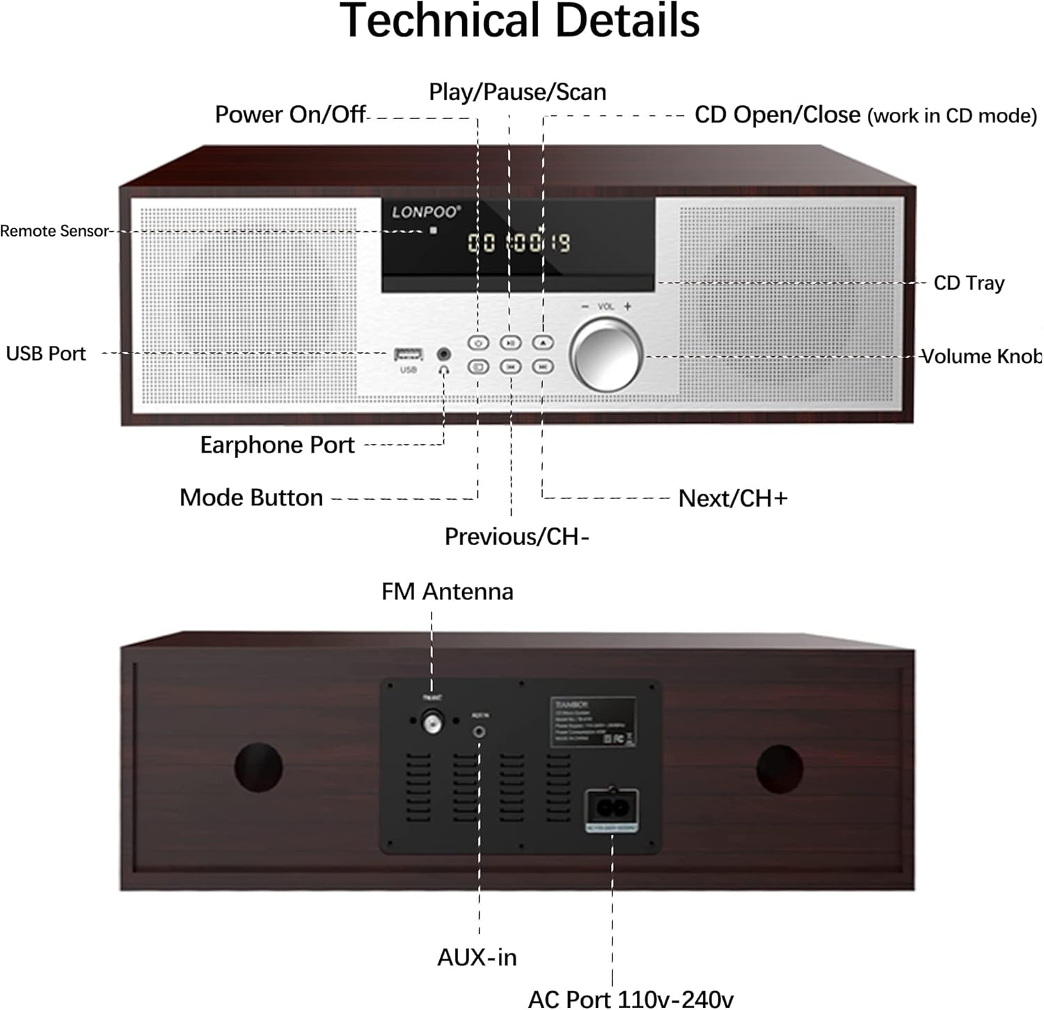 LONPOO Stereo Shelf System for Home, Vintage CD Player 40W RMS Micro Mini System with Remote Control, Bluetooth, FM Radio, USB MP3 Playback & Aux-in,Silver