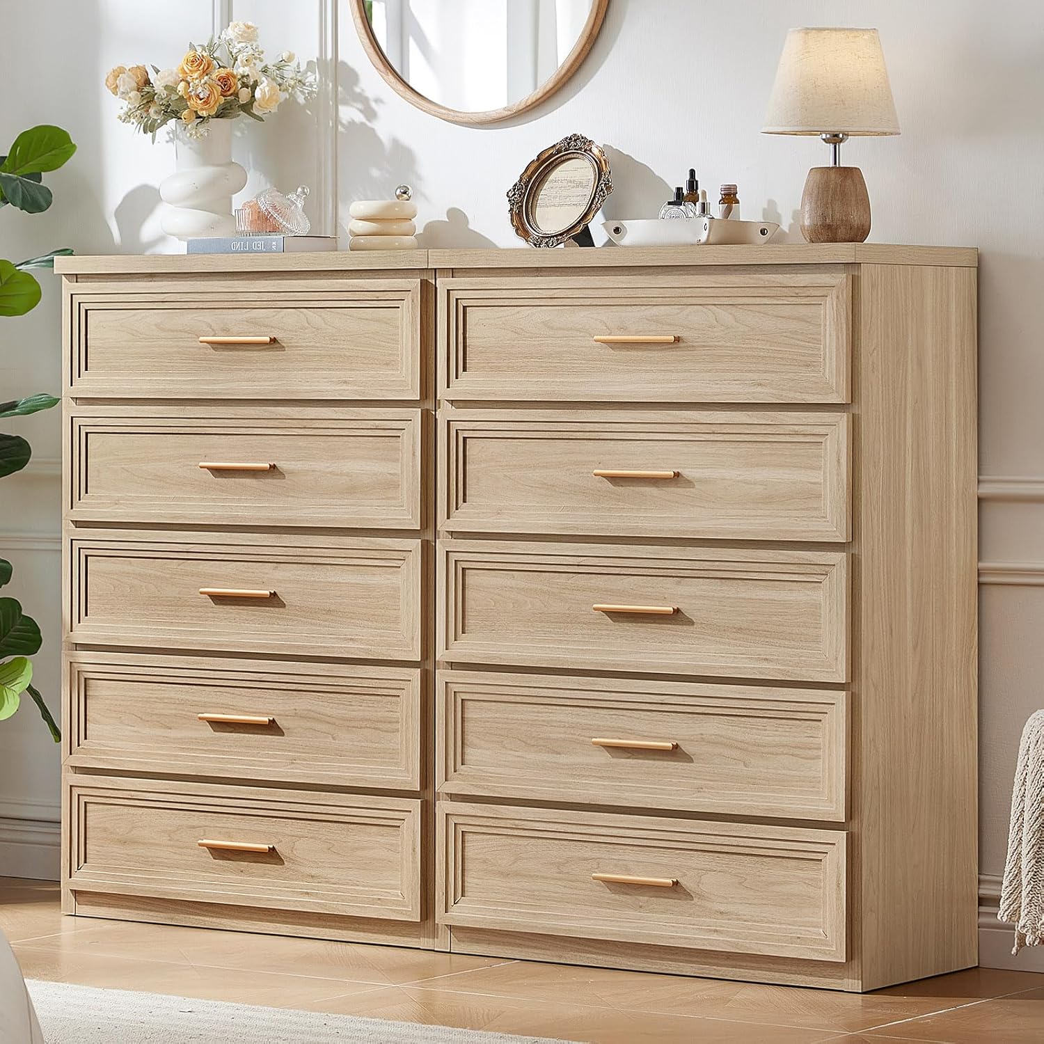 RWYHG Dresser Set for Bedroom with 5 Drawers 45" Tall Wood Closet Organizer with Metal Handle Furniture for Living Room Hallway Natural