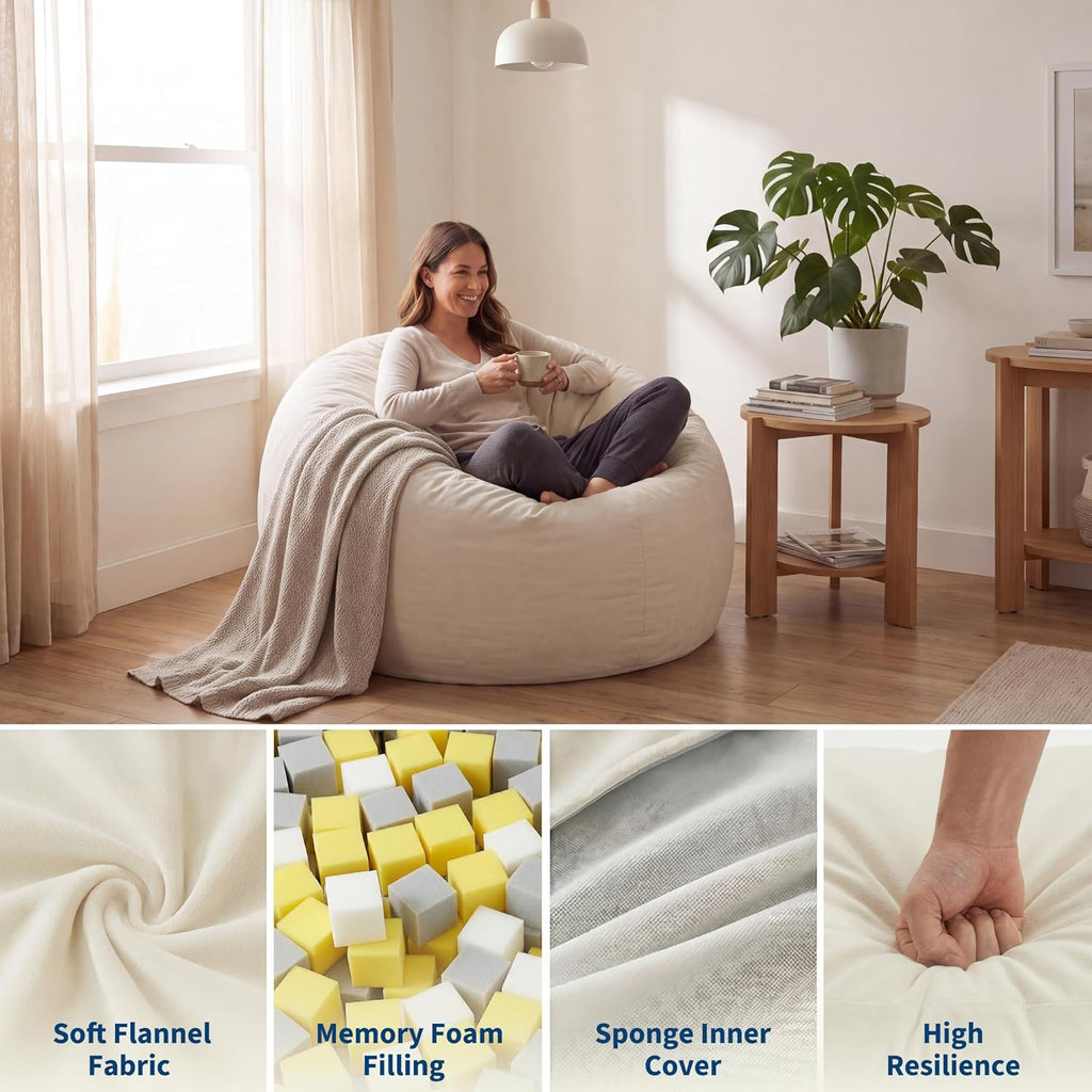 4 in 1 Adult Bean Bag Chair, 4ft Large Beanbag Chair with High Rebound Memory Foam Filler and Removable Cover, Oversized Comfy Flannel Bean Bag Couch Bed Lazy Sofa for Adults Teens, Beige
