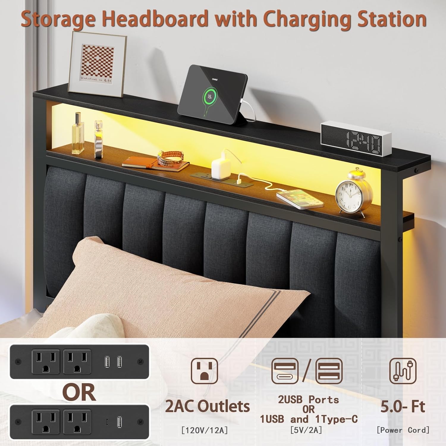 Furnulem Twin Size Bed Frame with Charging Station and LED Lights, Platform Bed with Metal Slats, Grey Upholstered Headboard with 2-Tier Storage Shelves, No Box Spring Needed