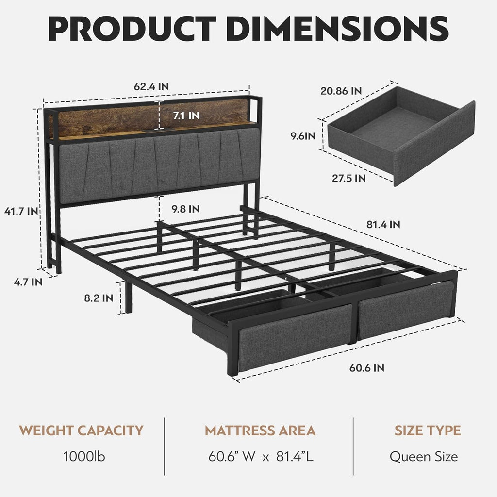 CIKUNASI Queen Size Bed Frame with Headboard and Storage, Drawers Platform Bed Frame with Storage Chargin Station LED Light Bedframe, Heavy Duty, No Box Spring Needed