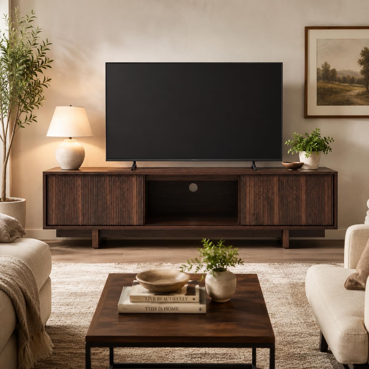 Garvee 55/63 Inch TV Stand, Farmhouse TV Stand with Wave-Like Door, Mid Century Entertainment Center with Storage, TV and Media Console for Living Room, Walnut