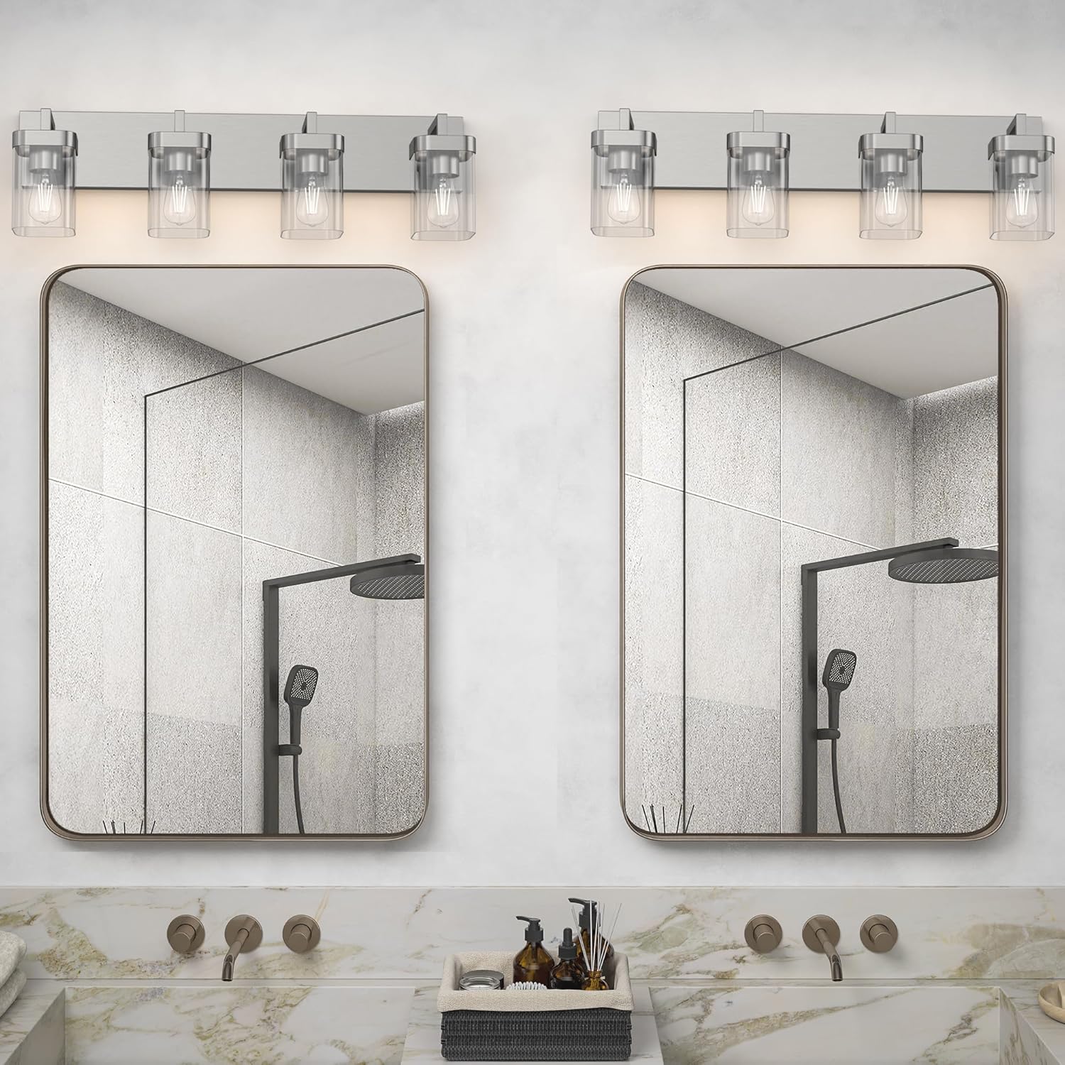 4-Light Bathroom Light Fixtures, Brushed Nickel Vanity Lights for Bathroom, Kitchen, Living Room, Modern Bathroom Vanity Lights with Clear Glass Shades