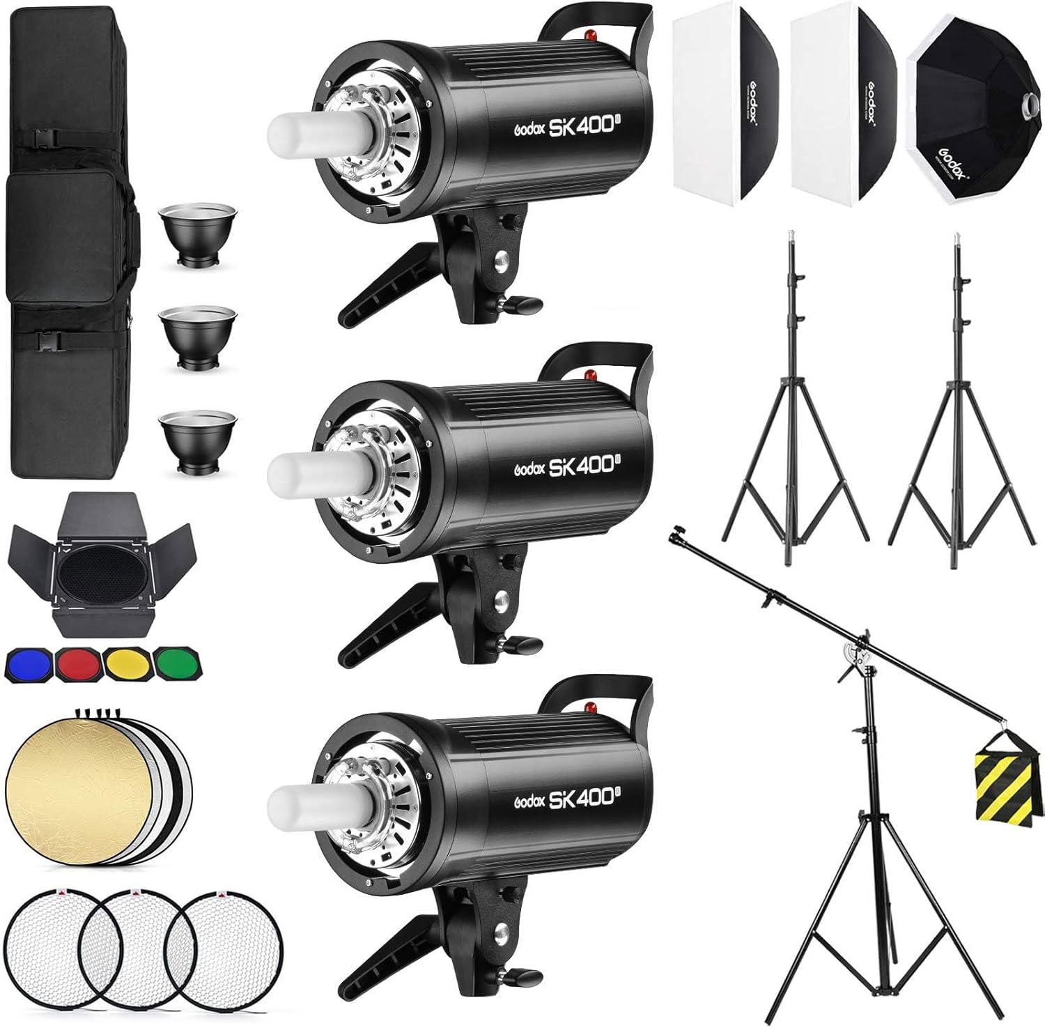 Godox 3 Pack SK400II 1200Ws 2.4G Speedlite Studio Flash Strobe Monolight Bowens Mount Kit for Studio Shooting, Location and Portrait Photography with Softbox, Light Stand, Barn Door Kit, Carrying Case