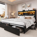 LARMACE Queen Size Bed Frame with 6 Storage Drawers and Headboard Wooden Platform Bed Frame with LED Lights and Charging Station Easy Assembly/No Box Spring Needed/Black