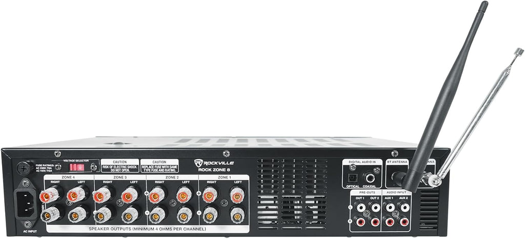 Rockville Rock Zone 8 Bundle: 1000-Watt 8-Channel Multi-Room Receiver/Amplifier, (16) 6.5 in 500-Watt White in-Ceiling Home Theater Speakers, for Home Audio Systems, 17-Items