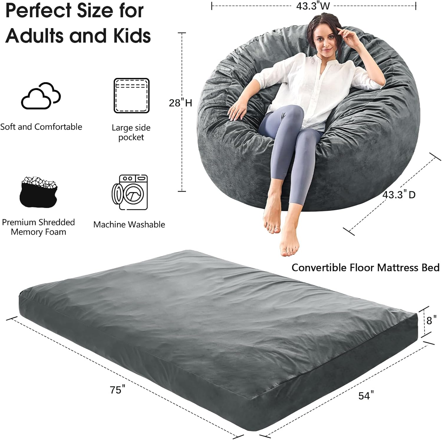 Bean Bag Chairs for Adults - Giant Bean Bag Chair Convertible Bean Bag Bed - Beanbag Chair with Micro Fiber Cover/Furniture Foam Filler - Floor Couch Sofa in Bedroom Dorm Room - Full Charcoal