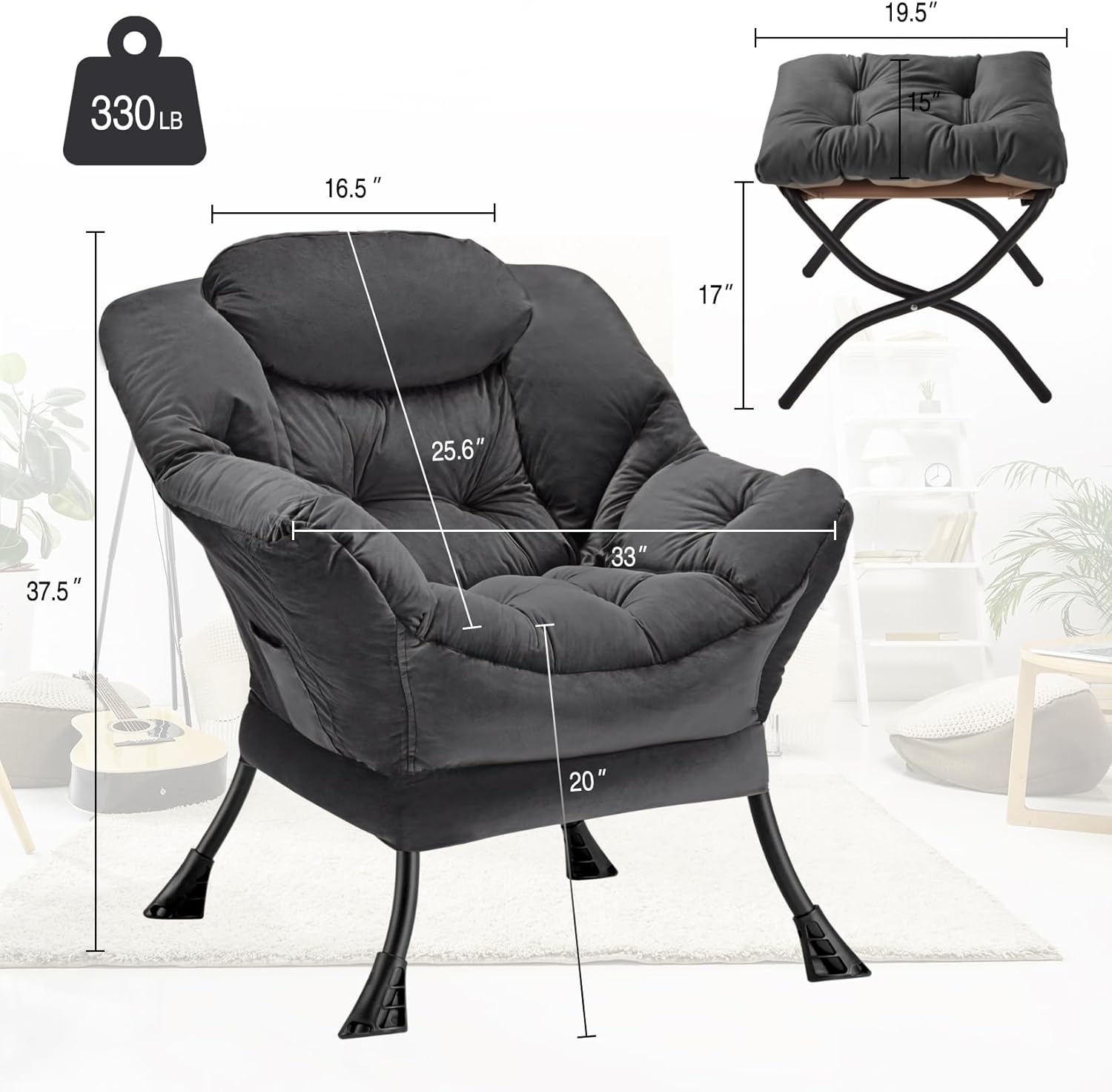 Lazy Chair with Folding Ottoman Modern Large Accent Chair,Contemporary Lounge Leisure Sofa Chair with Armrests Upholstered Sofa Armchair Reading Chair for Bedroom,Dorm & Office (Dark Grey-f)