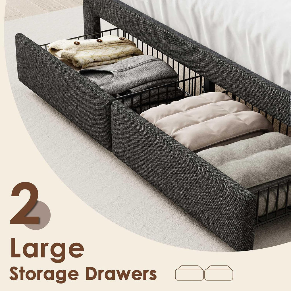 Driftalia LED King Size Bed Frame with 2 Storage Drawers, Upholstered King Bed Frame with Headboard and Charging Station, No Box Spring Needed, Easy to Assembly-Dark Grey