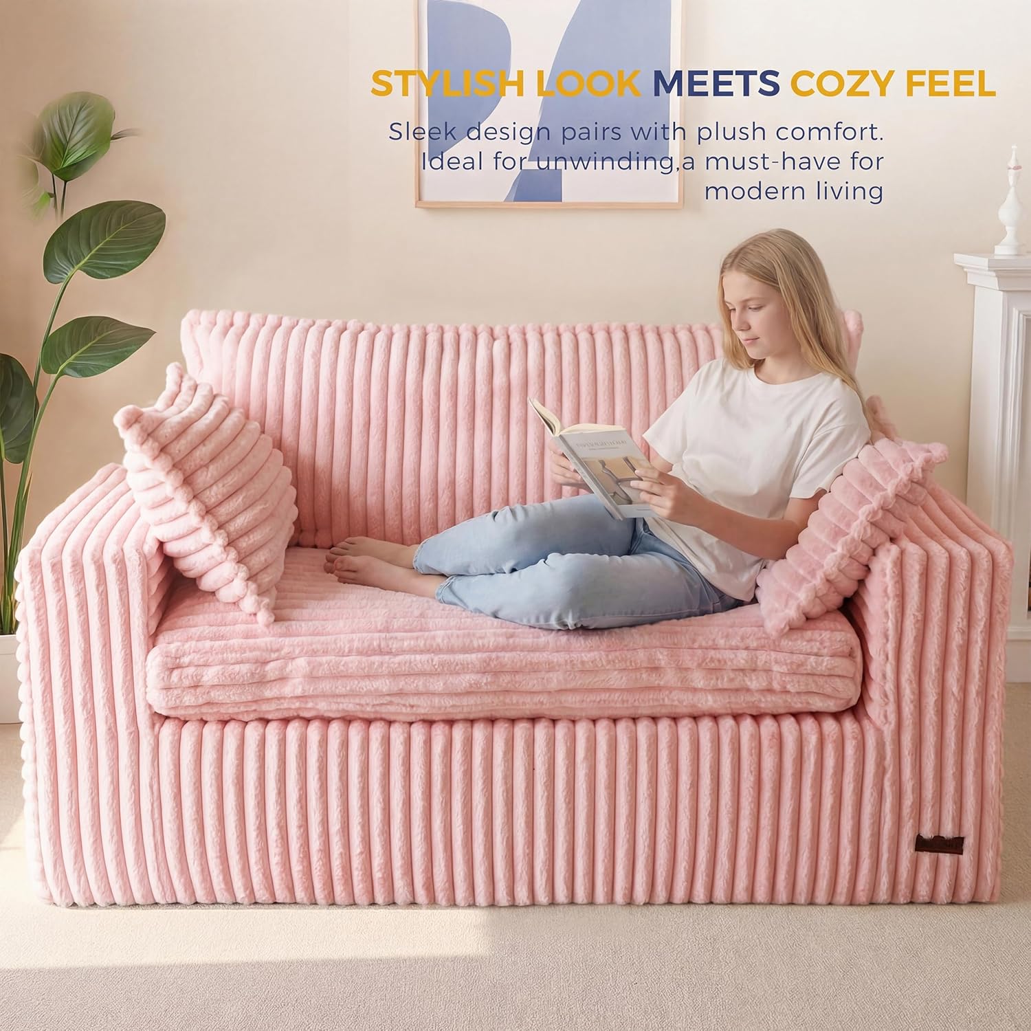 MAXYOYO 59" Bean Bag Sofa Couch, Loveseat Boneless Couch in a Box, Upholstered Small Mini Sofa with Deep Seating for Living Room Bedroom Office Apartment, No Assembly, Pink