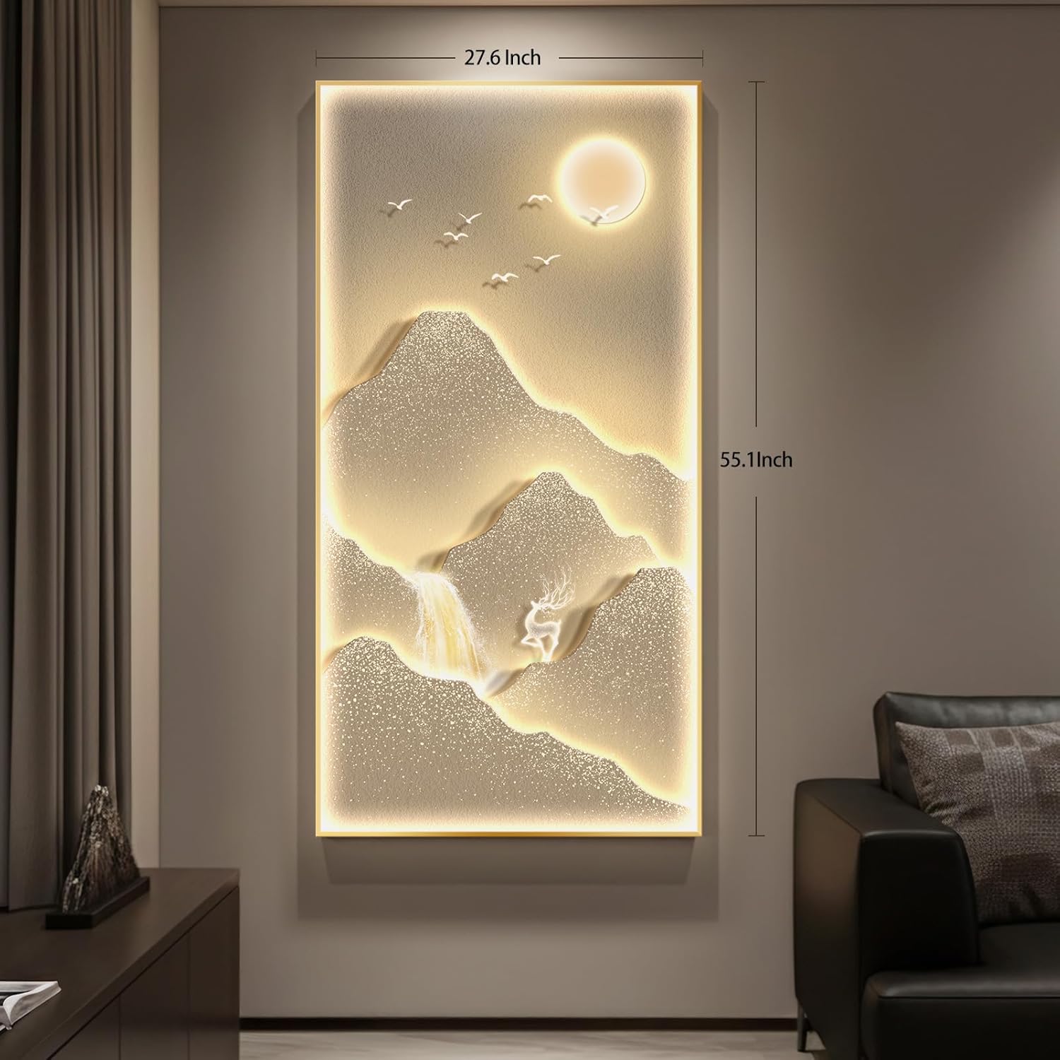 Framed LED Mountain Wall Art for Living Room, Large Vertical Lighted Modern Luxury Gold Bright Sun Waterfall Artwork for Walls, Nature Landscape Backlit Wall Decor for Hallway, Entryway, Home Office