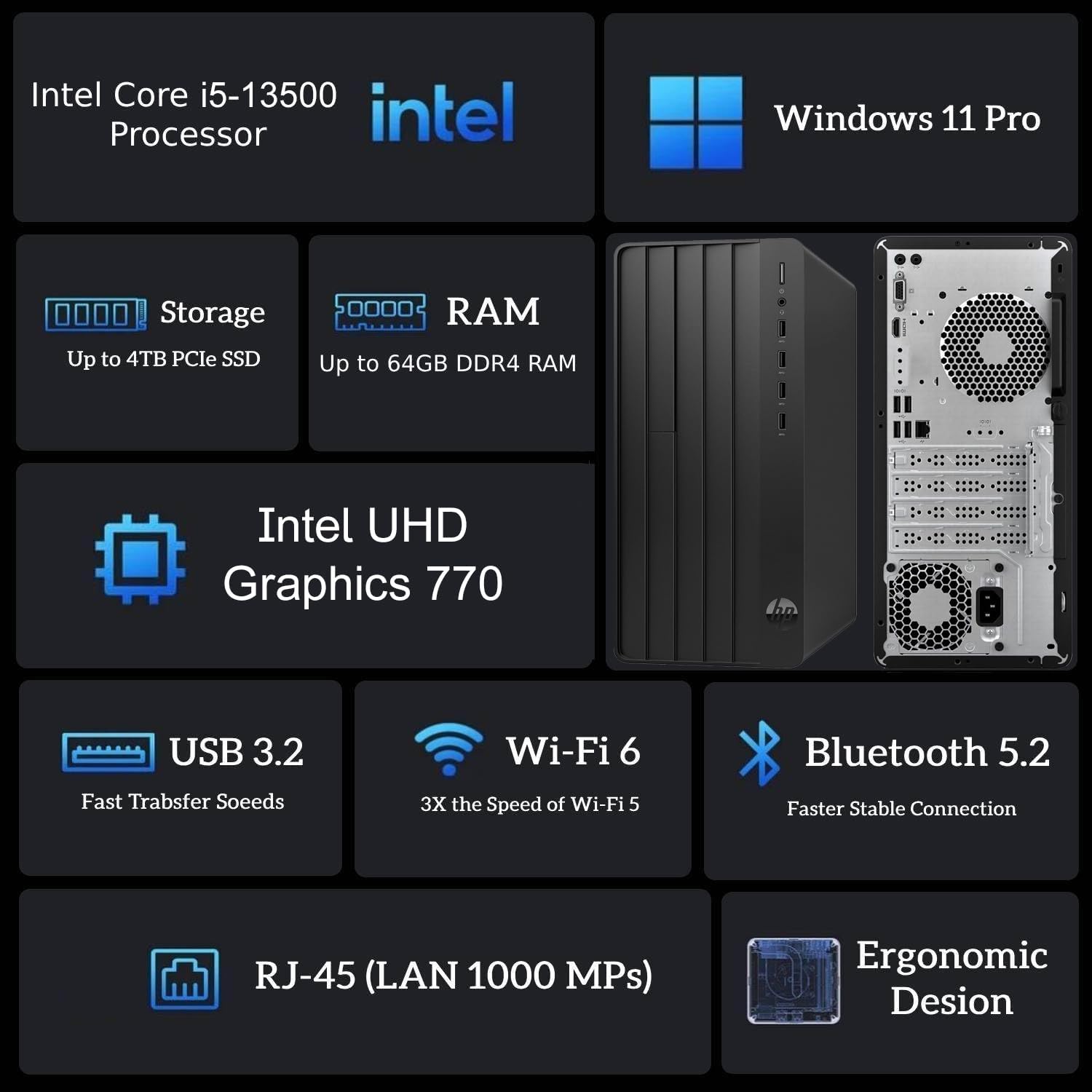 HP Pro Tower Business Desktop, Intel i5-13500 (14-Core), 32GB RAM, 1TB PCIe SSD, UHD Graphics 770, Wi-Fi 6, Bluetooth 5.3, Dual Monitor Support, Windows 11 Pro