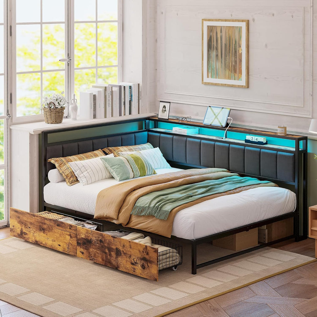 LIKIMIO Corner Bed Frame Full Daybed with Storage Drawers, Metal Platform Bed Frame with LED Light, Charging Station & Fabric Upholstered Fence, Black