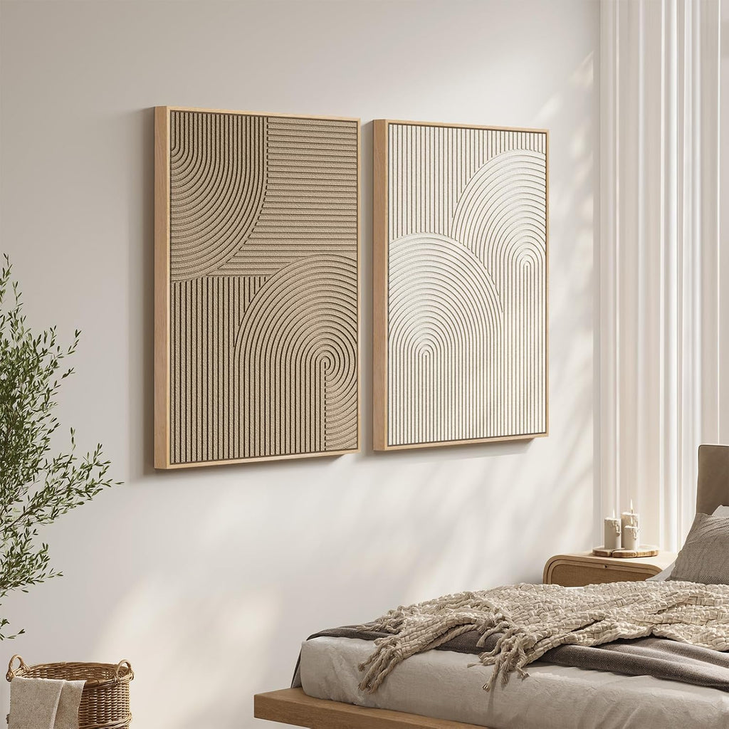Large 3D Textured Framed Neutral Abstract Wall Art Set, 2 Piece Modern Minimalist Paintings Artwork for Walls, Beige Brown Geometric Line Pictures for Living Room Bedroom Hallway Wall Decor 24x36 In
