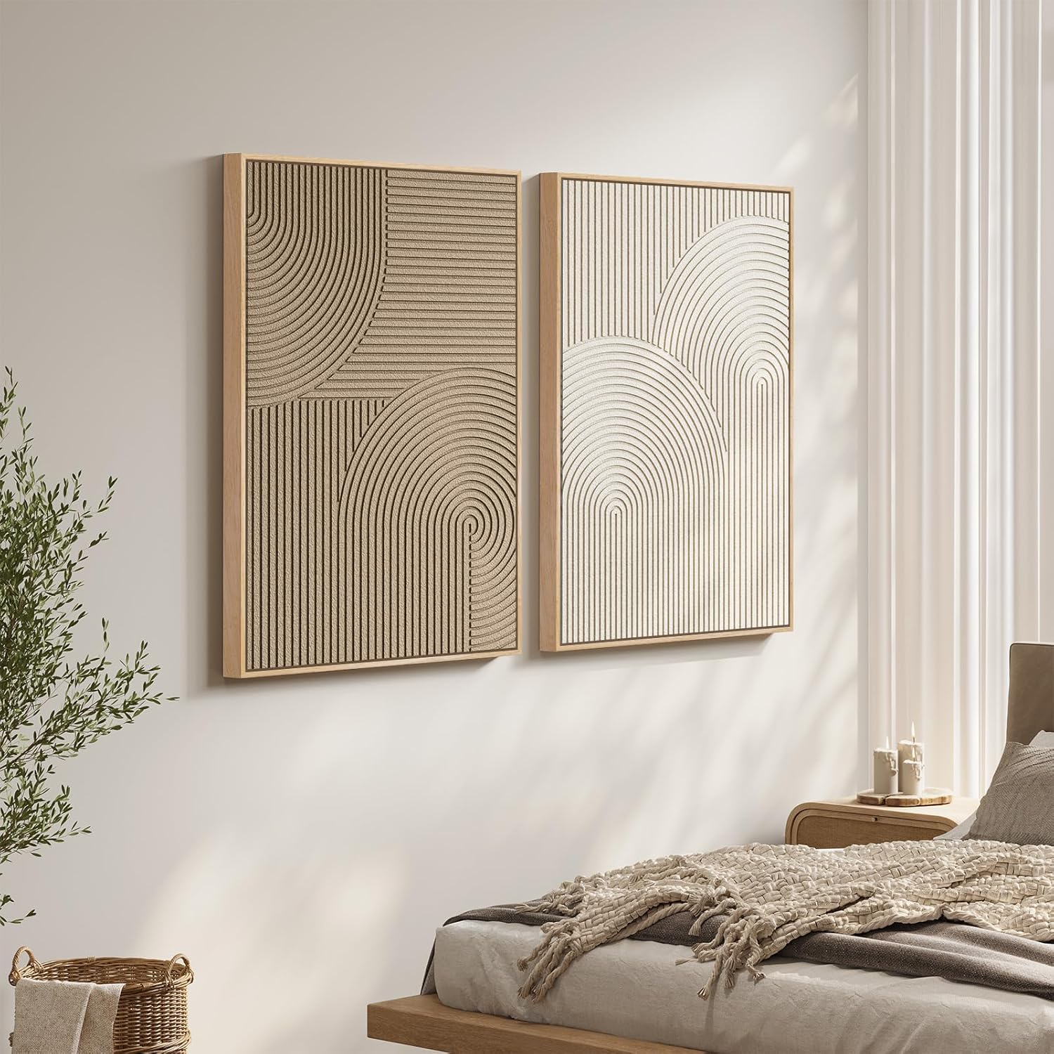 Large 3D Textured Framed Neutral Abstract Wall Art Set, 2 Piece Modern Minimalist Paintings Artwork for Walls, Beige Brown Geometric Line Pictures for Living Room Bedroom Hallway Wall Decor 24x36 In