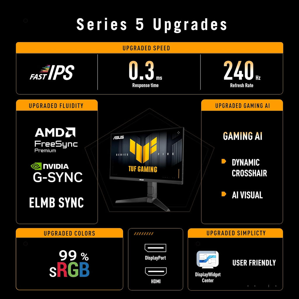ASUS TUF Gaming Series 5 23.8” 1080P Monitor (VG249QML5A) - Fast-IPS, 240Hz, 0.3ms, G-SYNC Compatible, FreeSync Premium, 99% sRGB, Height Adjustable, DisplayWidget, Gaming AI, 3 yr Warranty