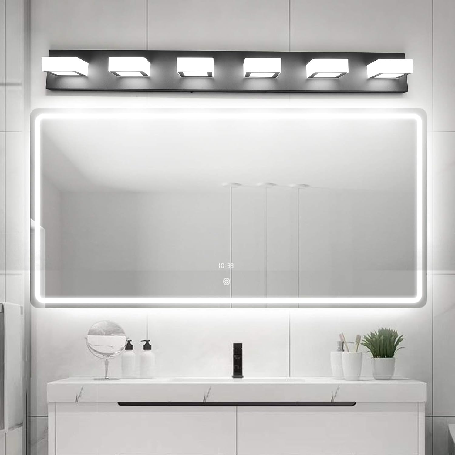 Ralbay Modern Black Vanity Lights Fixtures 6 Lights Acrylic Modern LED Matte Black Vanity Lights for Bathroom