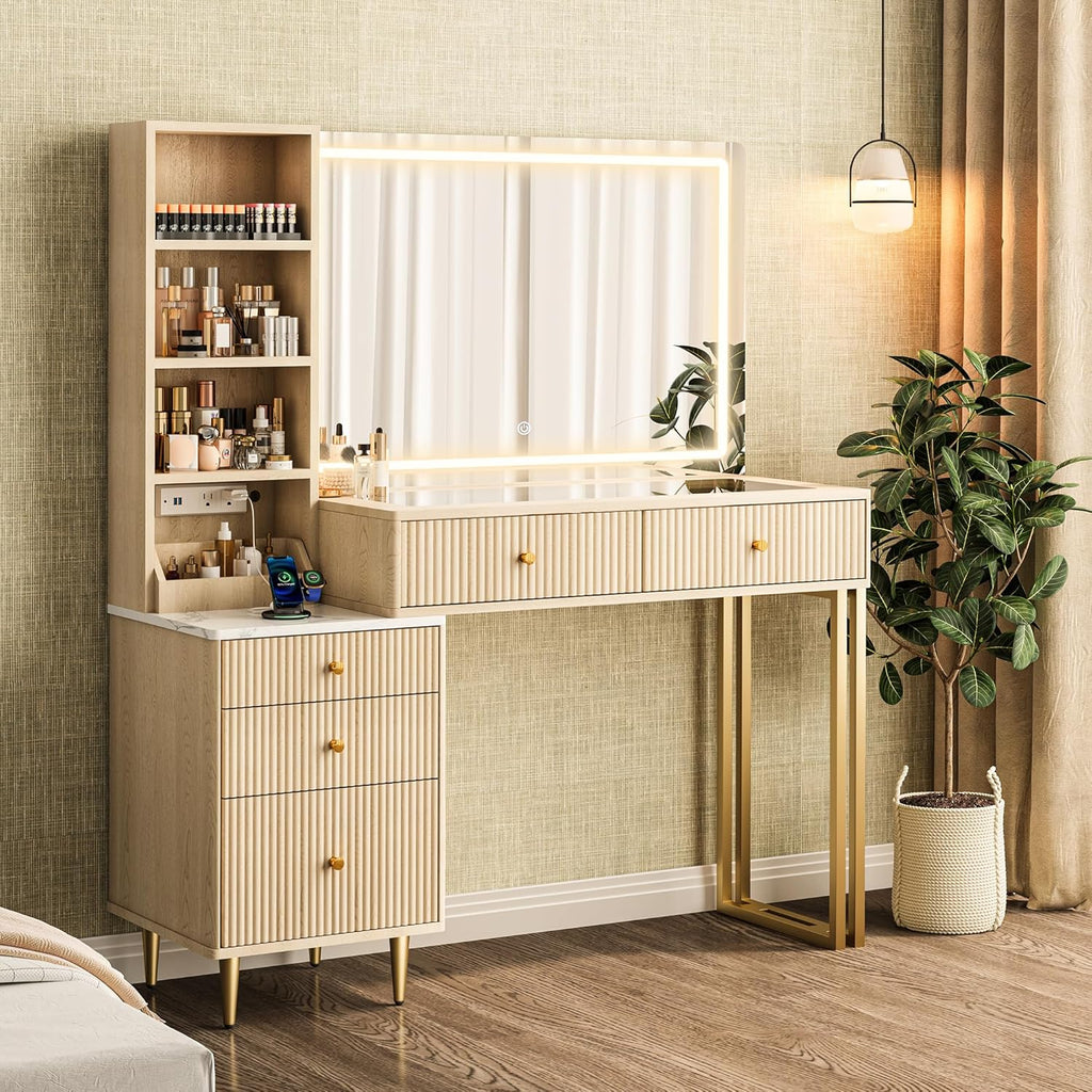 44” Fluted Vanity Desk with 32” Lighted Mirror & Power Outlet, Makeup Vanity with Glass Top, 3 Adjustable Light Colors, Curved Design, 5 Drawers, Modern Dressing Table Set for Bedroom (Oak)