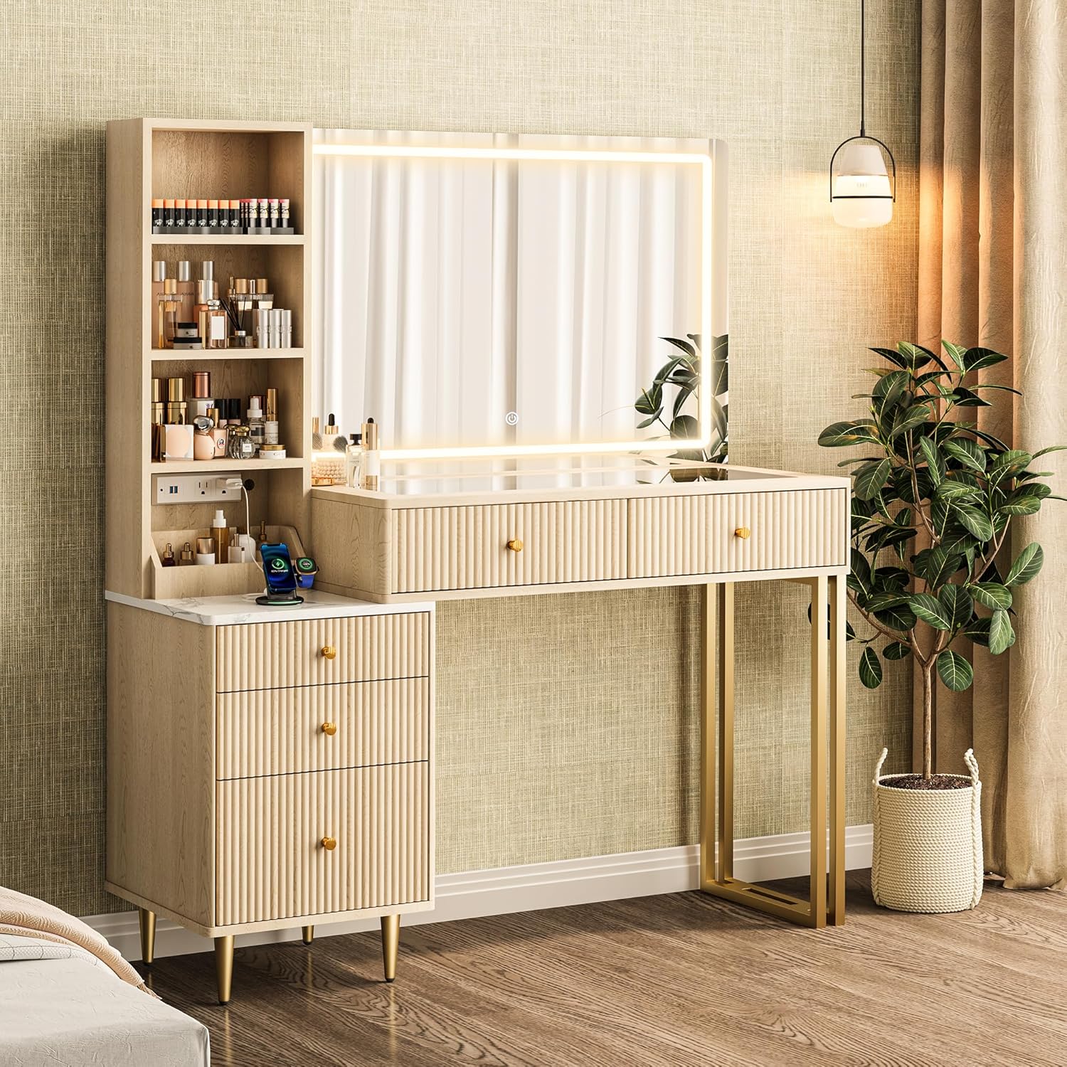 44” Fluted Vanity Desk with 32” Lighted Mirror & Power Outlet, Makeup Vanity with Glass Top, 3 Adjustable Light Colors, Curved Design, 5 Drawers, Modern Dressing Table Set for Bedroom (Oak)