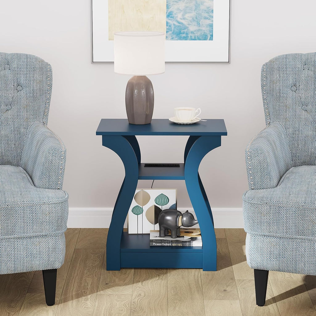 FROMJBEST End Table with Charging Station, Side Table with USB Ports and Outlets, Nightstand, 3 Tier End Table with Storage Shelf for Living Room, Bedroom, Navy Blue, Set of 2