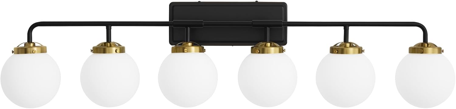 Black Gold Bathroom Light Fixtures Over Mirror, Modern Vanity Lighting with Milk White Glass Globe Shades 6-Light Farmhouse Wall Sconce