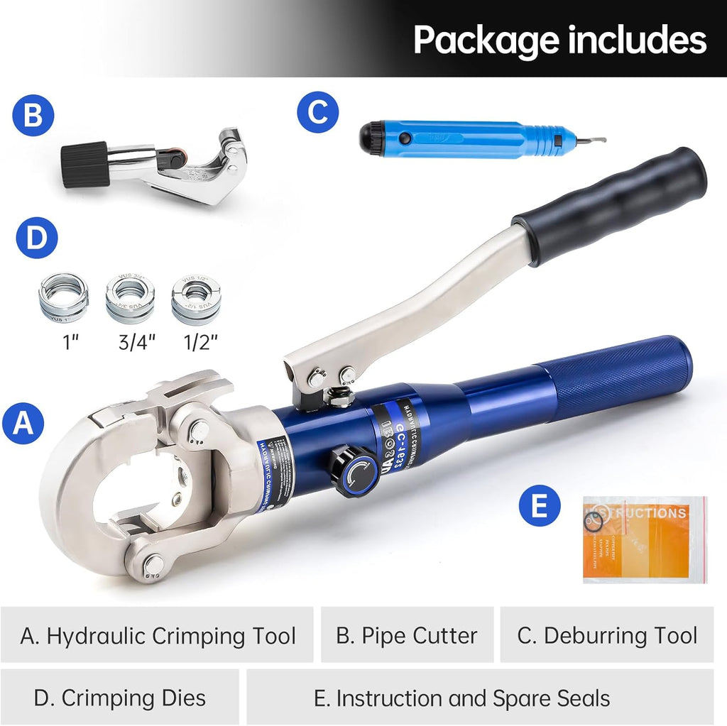 Copper Tube Fittings Hydraulic Pipe Crimping Tool with 1/2",3/4" and 1" Jaw Copper Pipe Press Crimper Pressing Pliers, with Pipe Cutter
