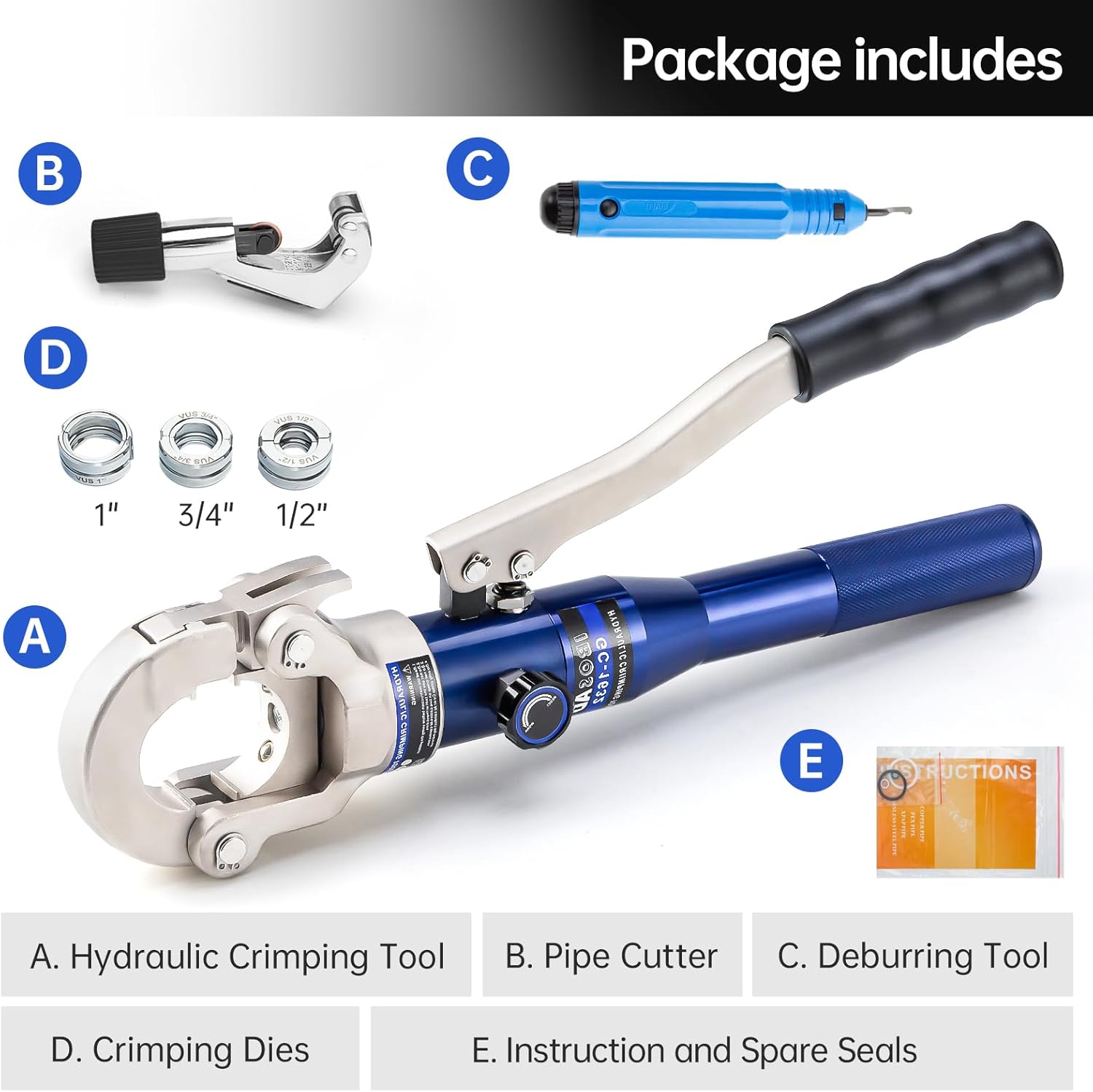 Copper Tube Fittings Hydraulic Pipe Crimping Tool with 1/2",3/4" and 1" Jaw Copper Pipe Press Crimper Pressing Pliers, with Pipe Cutter