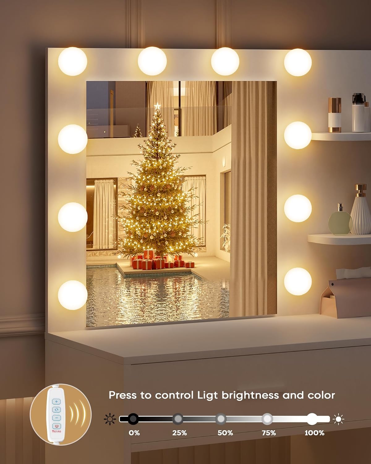 LIVELYGLOW White Makeup Vanity with 10 Hollywood Light Bulbs, 35.4" Wide Dressing Table with Large Mirror & Dimming Function, Small Space Vanity Desk with 2 Drawers, Storage Cabinet & Shelves