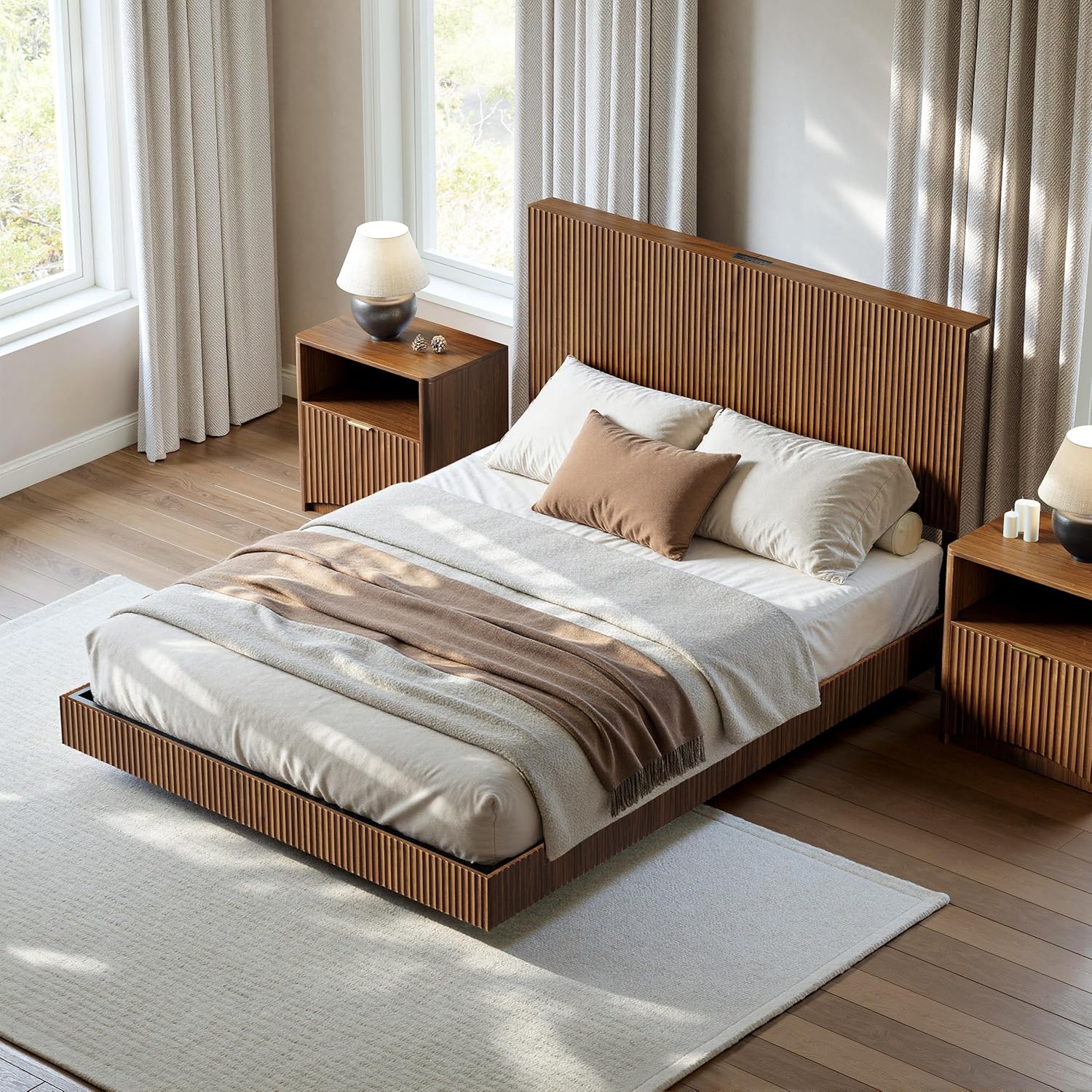 Evermagin Walnut Queen Floating Bed Frame with Headboard, Mid Century Modern Fluted Platform Bed with LED Lights, Heavy Duty Floating Bedframe with Charging Station, No Box Spring Needed