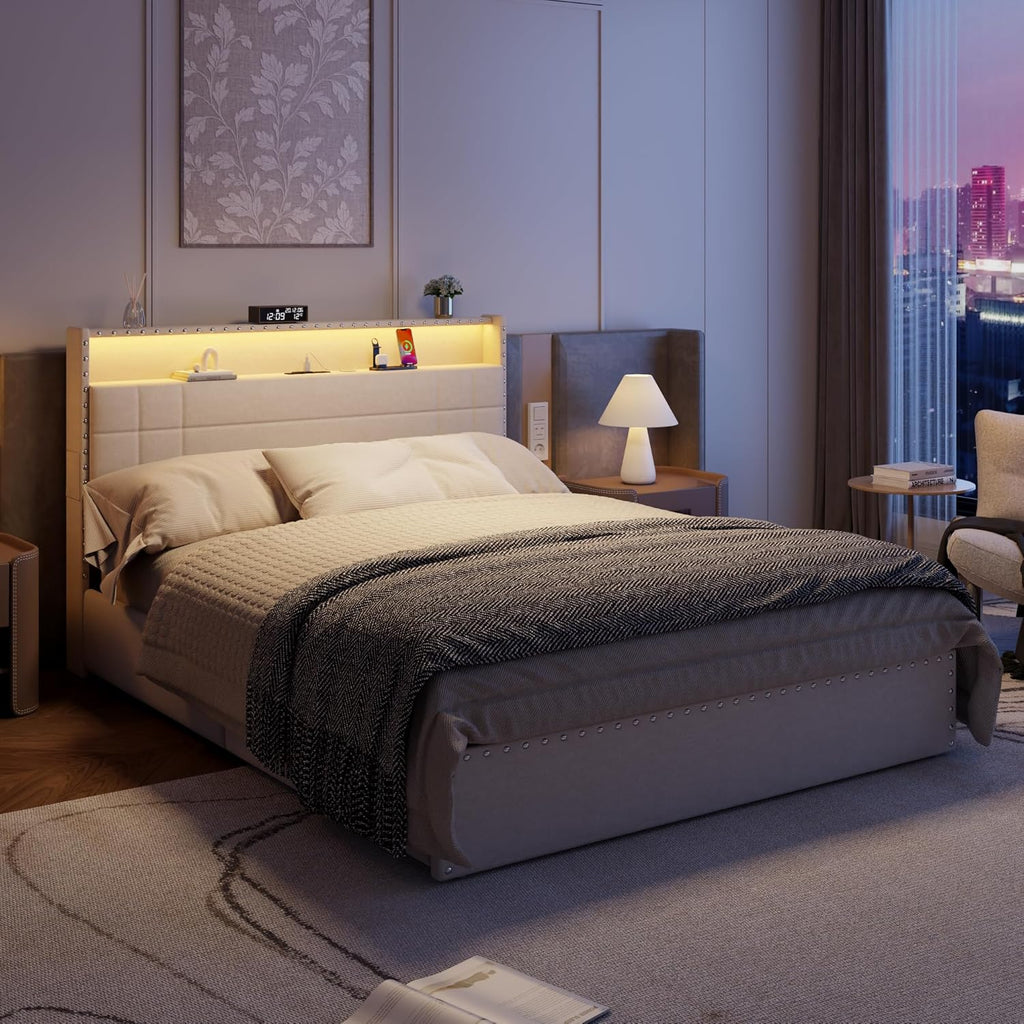 Forestell Queen Bed Frame with 4 Drawers and Storage Headboard, Upholstered Platform Bed Frame Queen Size with LED Lights and Charging Station, Metal Slats Support, No Box Spring Needed, Beige