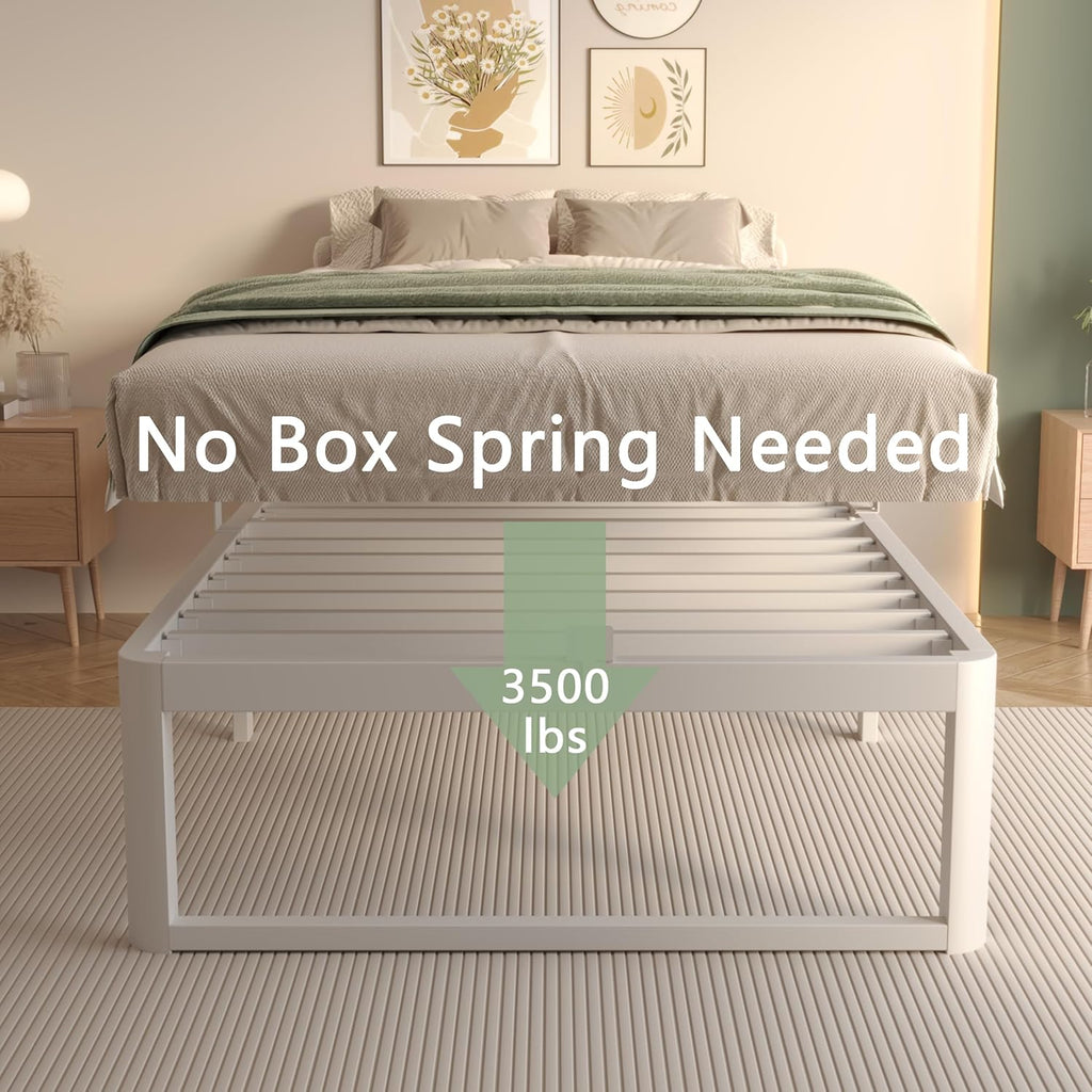 VYM 16 Inch Twin Size Bed Frames, Platform Bed with Metal Gaskets, Metal Bedframe No Box Spring Needed, DIY Headboard, Anti-Slip Mattress Stopper, Round Corner Leg, Easy Assembly, White