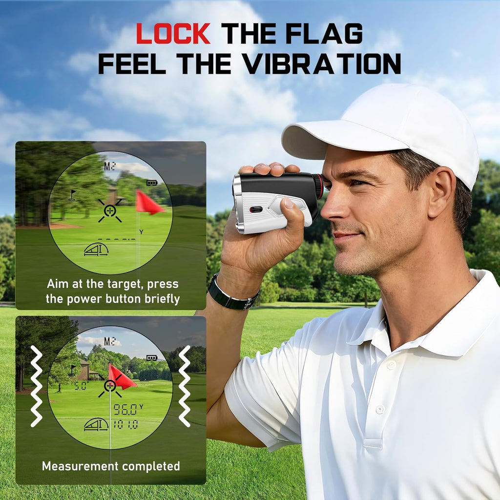 Upgraded 0.5 Second Easily Lock on a Pin Golf Rangefinder with Slope 2X HD Bright LCD, 1500 Yards Range Finder for Golf/Hunting, 7X Magnification with Flag Pole Locking Vibration, Golf Gifts Pcs