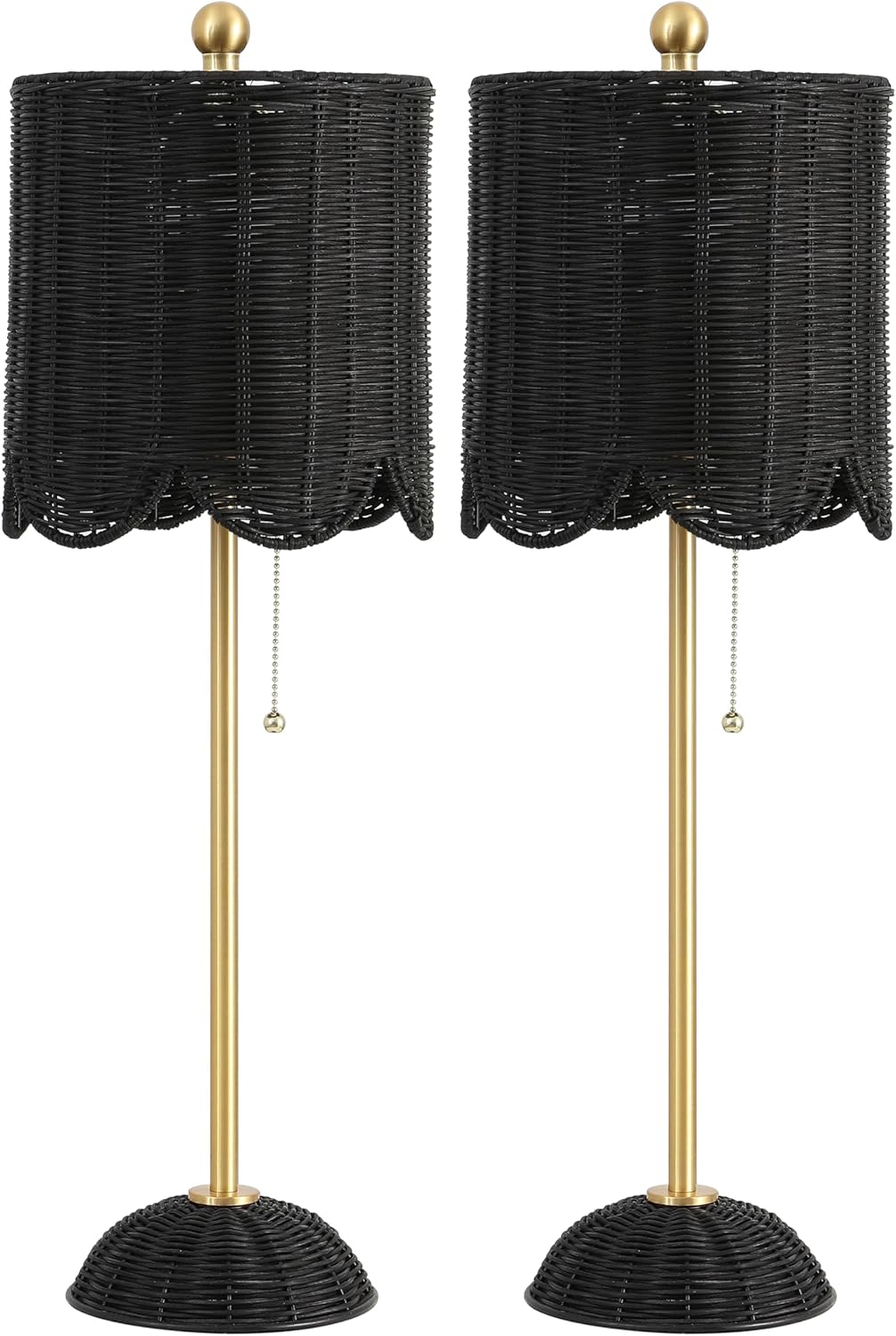 JONATHAN Y 27.5" Black/Brass Gold Coastal Buffet Table Lamp Set of 2 for Bedroom, Boho Table Lamps with Natural Rattan Scalloped Shade, Pull Chain, LED Bulbs Included (JYL1138C-SET2)