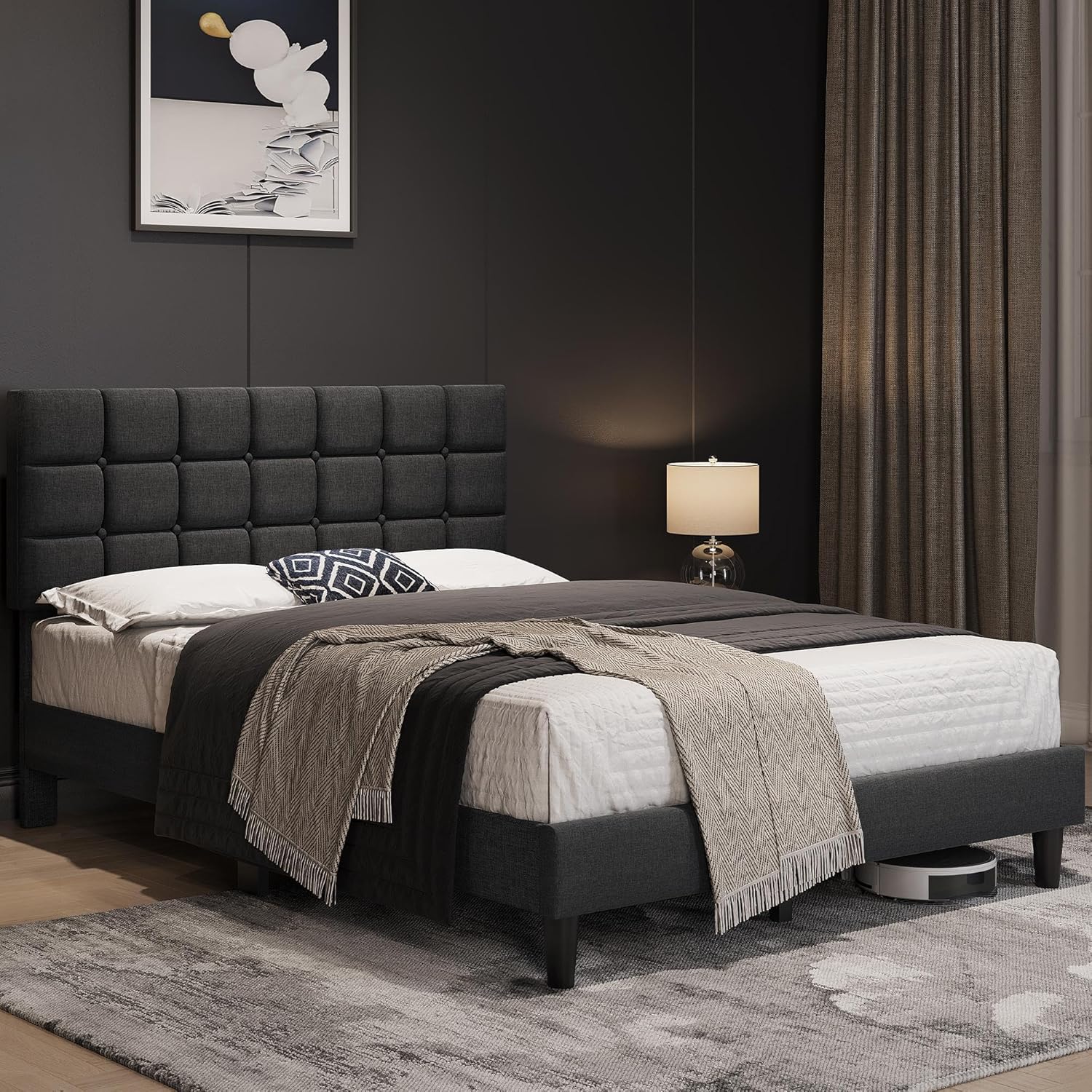 Yaheetech Upholstered Bed Frame, Modern Queen Bed Platform with Square Stitched&Button Tufting Headboard Height Adjustable, Wooden Slats Support, No Box Spring Needed, Queen Size, Dark Grey