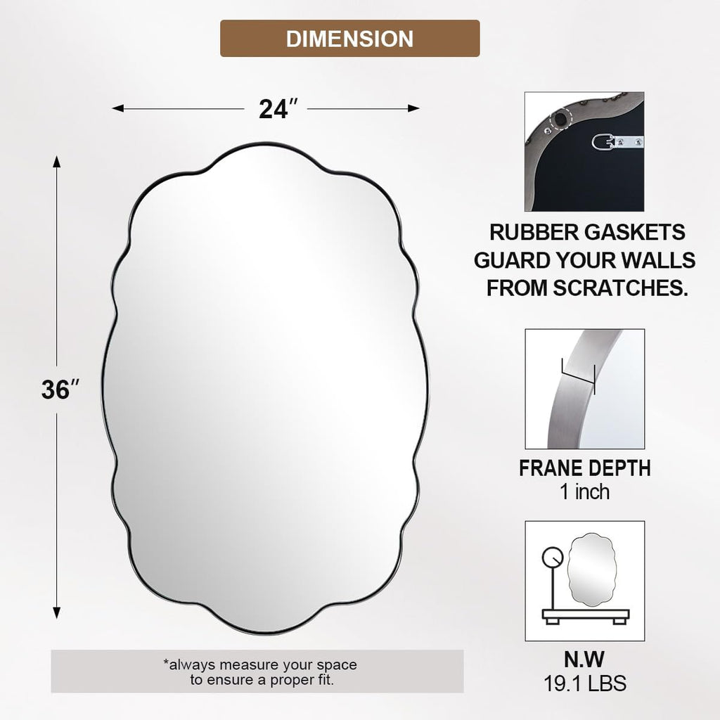 ANDY STAR Brushed Nickel Wavy Oval Bathroom Mirror, 24x36 Inch Silver Asymmetrical Wall Mirror, Unique Irregular Wall Mirror with Sophisticated Curved Design