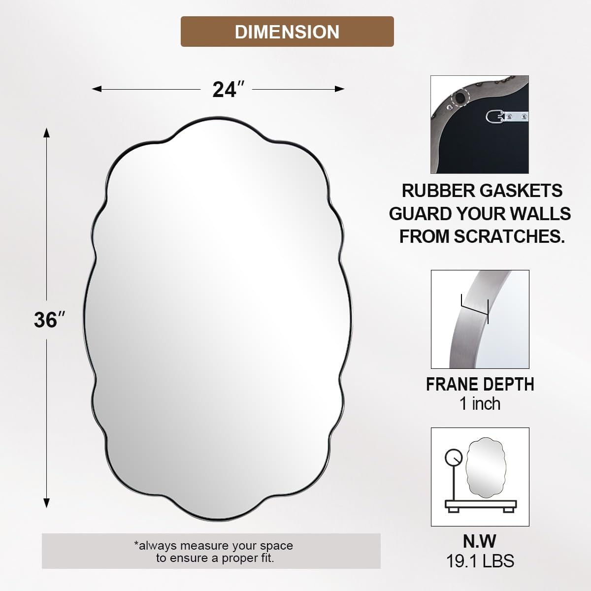 ANDY STAR Brushed Nickel Wavy Oval Bathroom Mirror, 24x36 Inch Silver Asymmetrical Wall Mirror, Unique Irregular Wall Mirror with Sophisticated Curved Design
