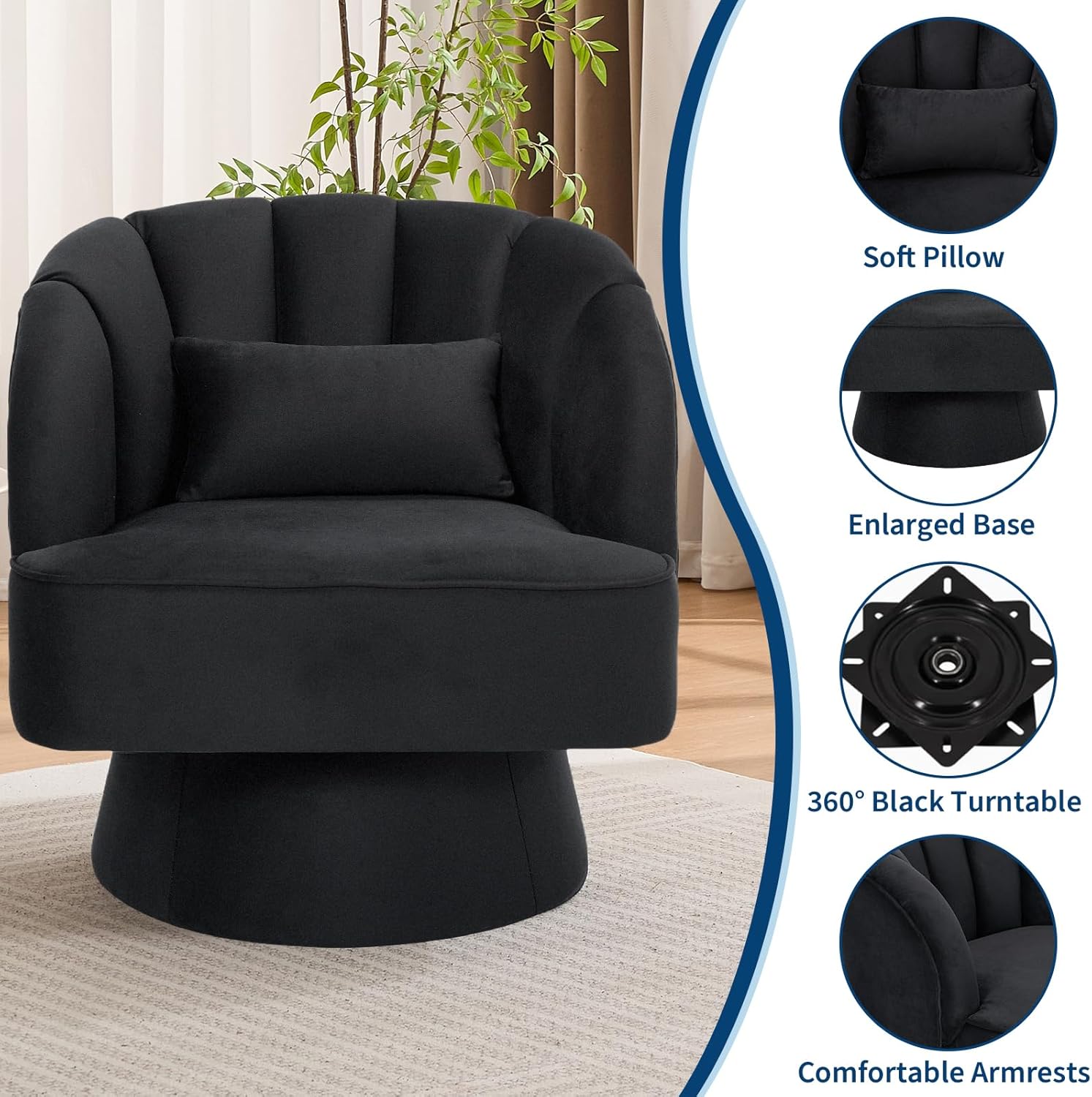 Garvee Ultra-Plush Swivel Accent Chair, 360° Barrel Lounge Chair with Cloud-Like Padding & Modern Striped Backrest, Velvet Upholstered Round Armchair for Living, Bedroom Reading Nook - Black