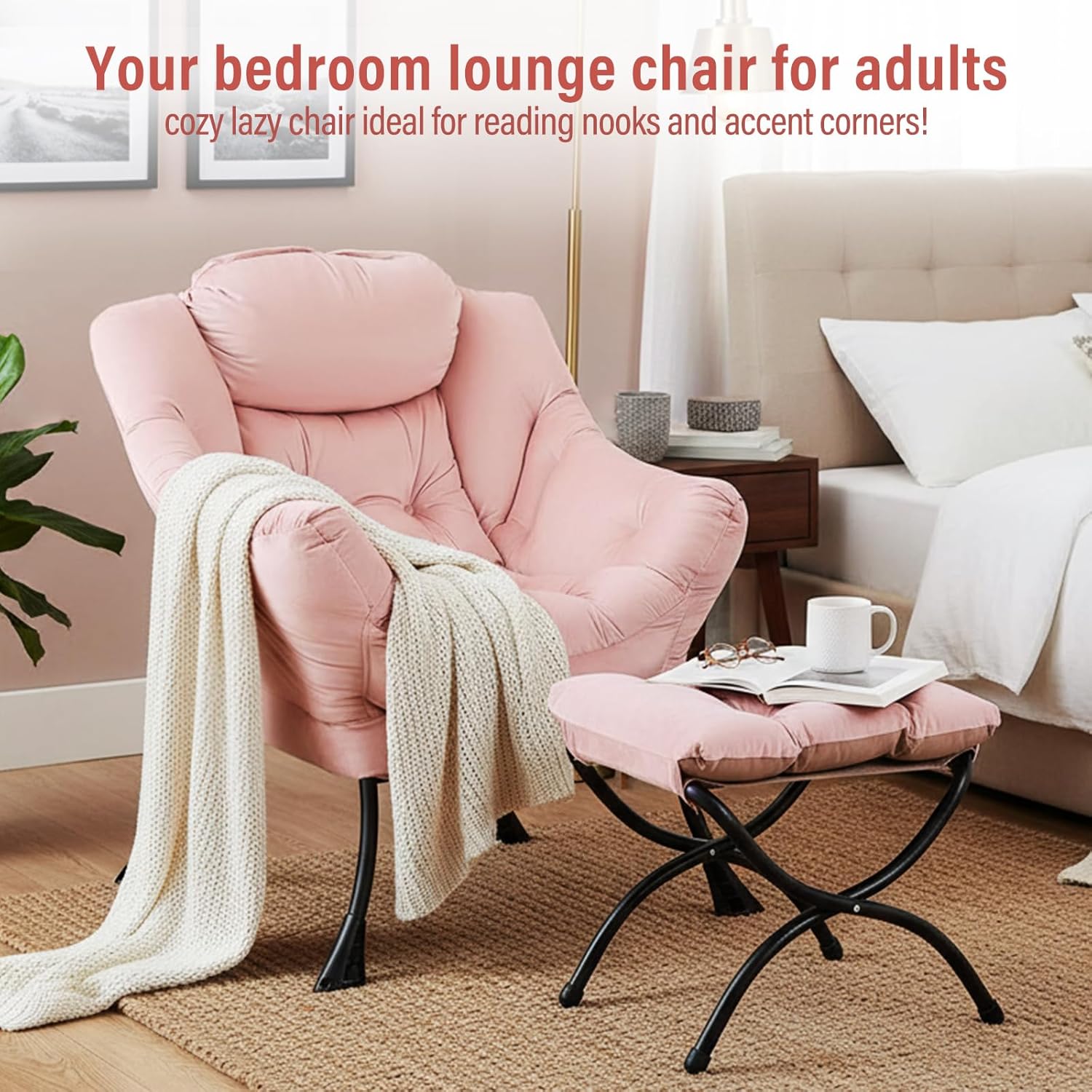 Furlide Lazy Chair with Ottoman, Modern Chair with Folding Footrest, Lounge Accent Chair, Comfortable Reading Chair, Oversized Armchairs for Bedroom, Study, Living Room, Courtyard (Pink)