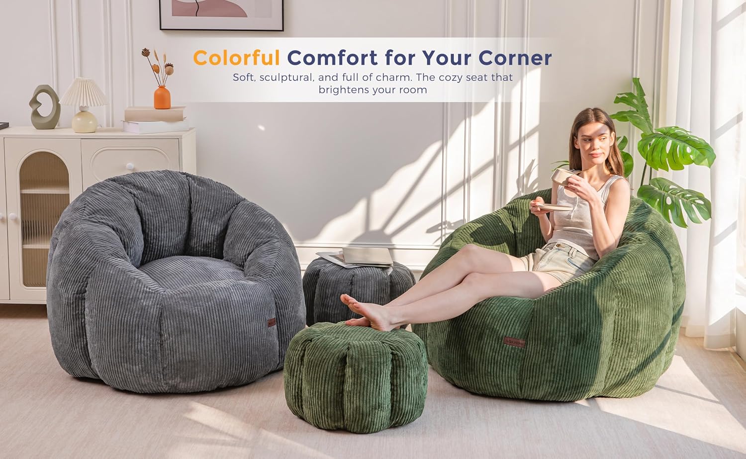 MAXYOYO Giant Bean Bag Chair with Ottoman, Pumpkin-Shaped Bean Bag Sofa with Footstool, Oversized Boneless Couch Chair in a Box, Comfy and Lazy Lounge for Dorm, Living Room, Bedroom, Dark Grey