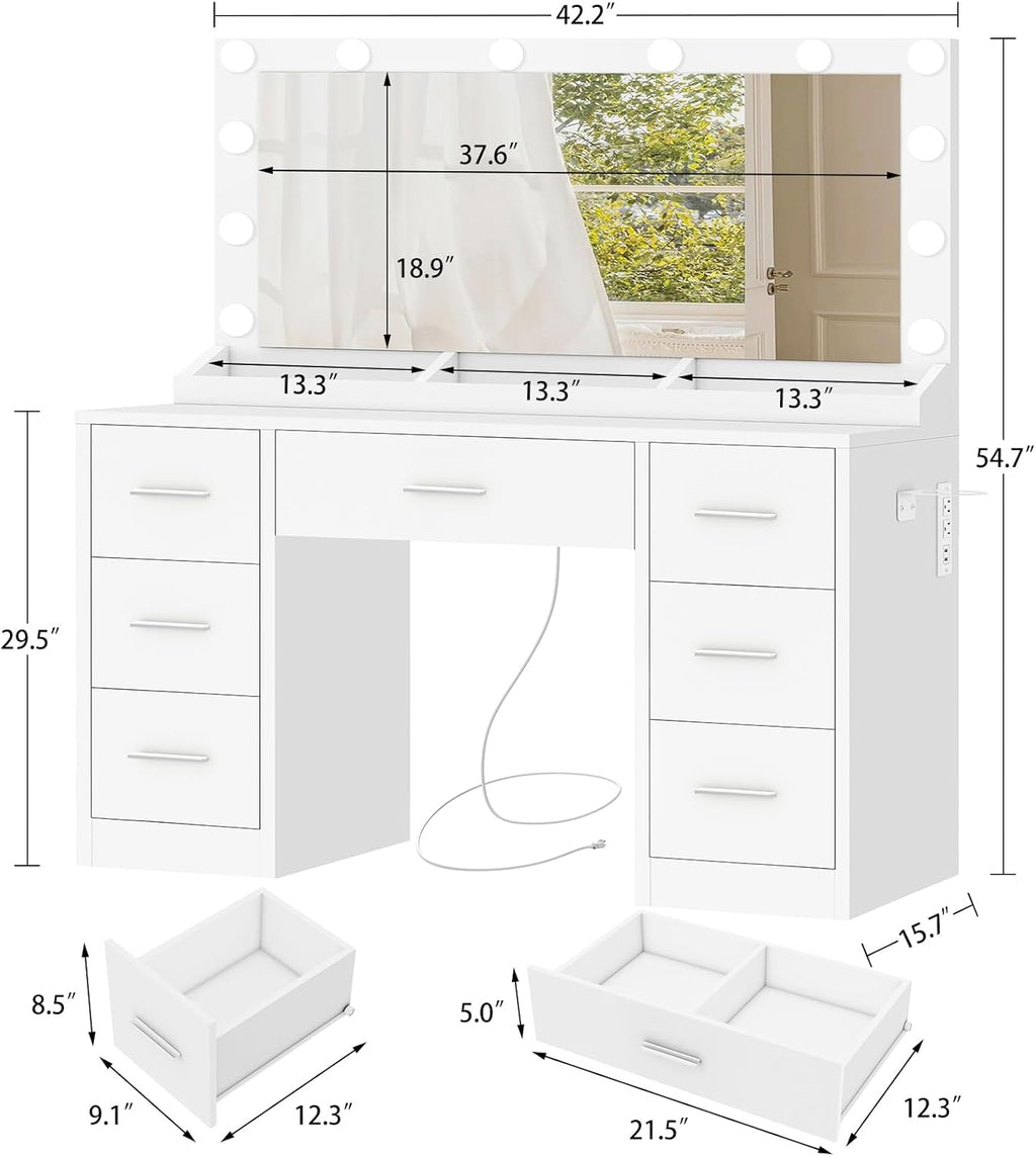 FIONESO Vanity with Large Mirror and 12 LED Lights, Vanity Desk with 7 Drawers & Hairdryer Holder, Makeup Vanity Desk with Charging Station for Women, Girls, 3 Lighting Color Adjustable, White