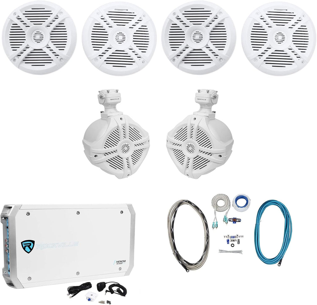 Rockville RXM-S6 Bundle: 2600W Marine 6-Ch Amplifier with PA Mic, (4) RMSTS65W 6.5 in 800W Per Pair 2-Way Boat Speakers, (2) RWB70W 250W Wakeboard Tower Speakers, RMWK4 4 AWG Amp Install Kit, 8-Items