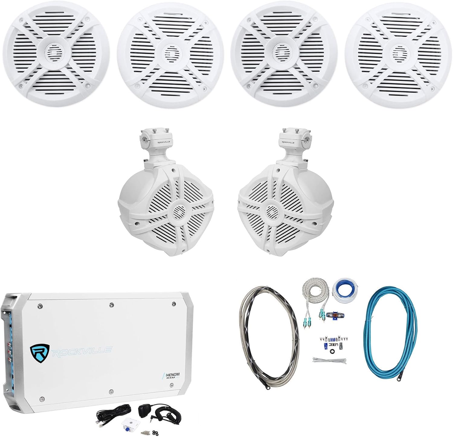 Rockville RXM-S6 Bundle: 2600W Marine 6-Ch Amplifier with PA Mic, (4) RMSTS65W 6.5 in 800W Per Pair 2-Way Boat Speakers, (2) RWB70W 250W Wakeboard Tower Speakers, RMWK4 4 AWG Amp Install Kit, 8-Items