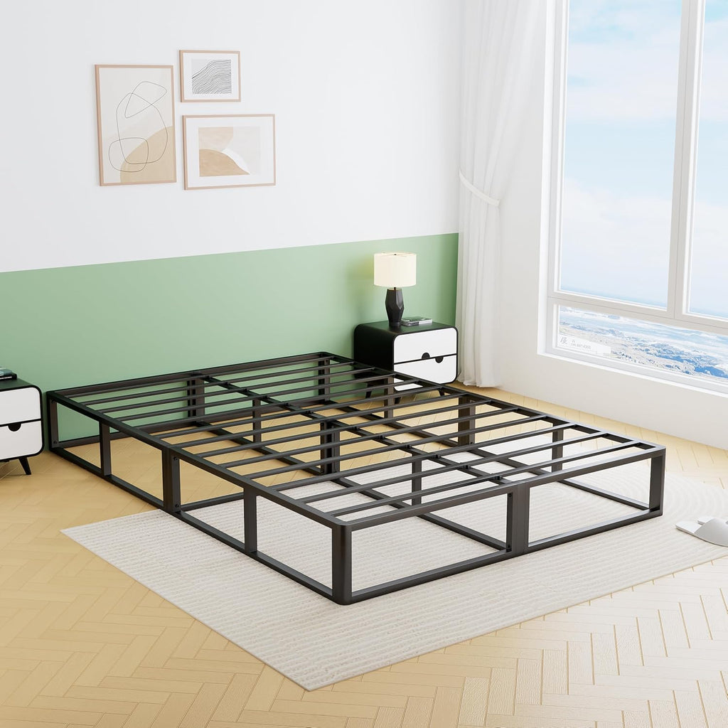 VIPSHOW 10 Inch Queen Metal Bed Frame Round Corner Low Platform Bed Frames 3000 LBS Heavy Duty Steel Slats Support Mattress Foundation No Box Spring Needed, Noise Free, Easy Assembly, Black