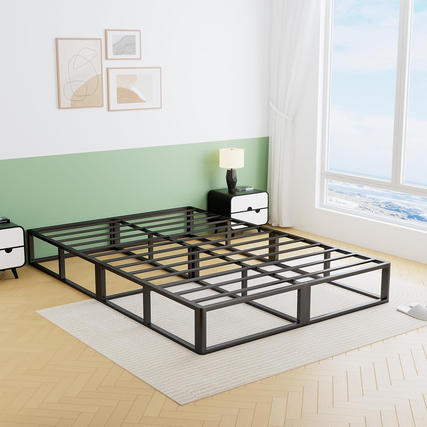 VIPSHOW 10 Inch Queen Metal Bed Frame Round Corner Low Platform Bed Frames 3000 LBS Heavy Duty Steel Slats Support Mattress Foundation No Box Spring Needed, Noise Free, Easy Assembly, Black