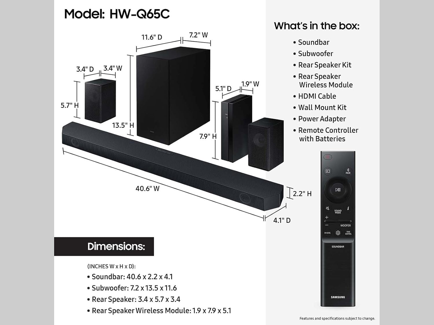 Samsung 5.1 Channel Sound Bar with Wireless Subwoofer Q-Symphony & Dolby Atmos Audio - HW-Q65C/ZA (Renewed)