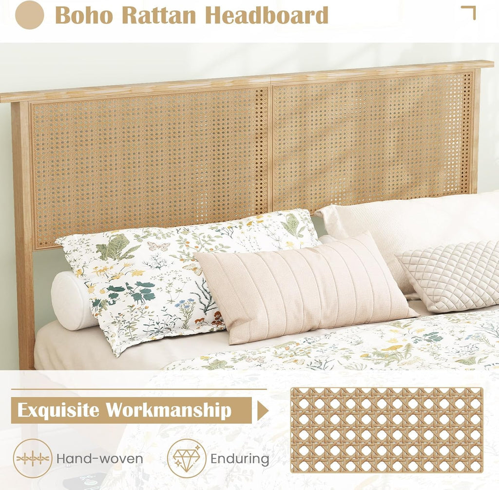 Giantex Rattan Queen Bed Frame, Boho Platform Bed with Natural Wicker Headboard, Solid Wood Foundation & Support Slats, Under-Bed Storage, Queen Size Bedframe for Adults, No Box Spring Needed