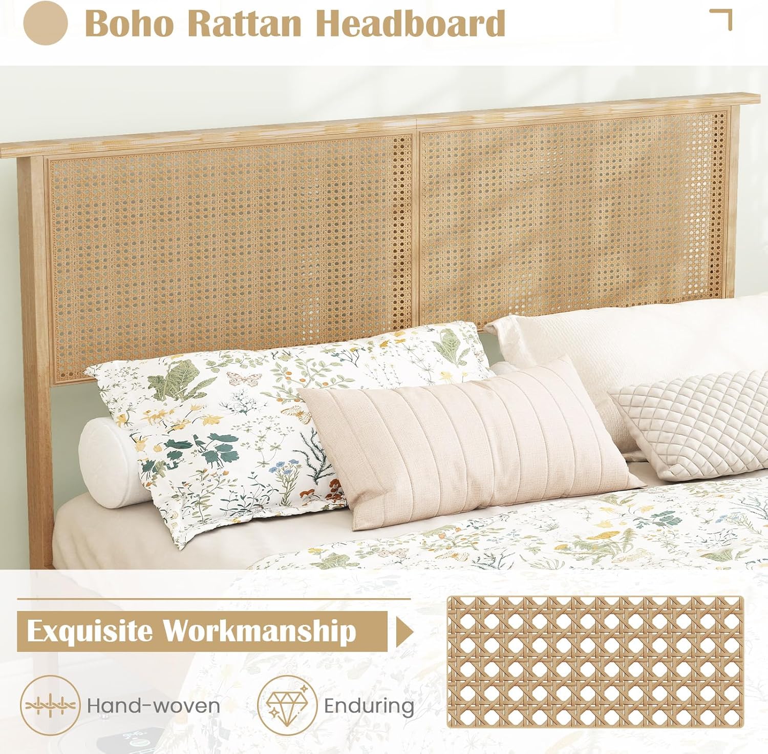 Giantex Rattan Queen Bed Frame, Boho Platform Bed with Natural Wicker Headboard, Solid Wood Foundation & Support Slats, Under-Bed Storage, Queen Size Bedframe for Adults, No Box Spring Needed