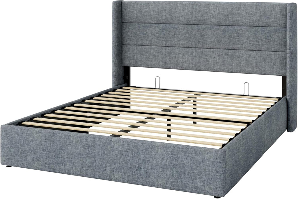 Allewie Queen Size Lift Up Storage Bed, Modern Wingback Headboard, Hydraulic Support, No Box Spring Needed, Grey Blue