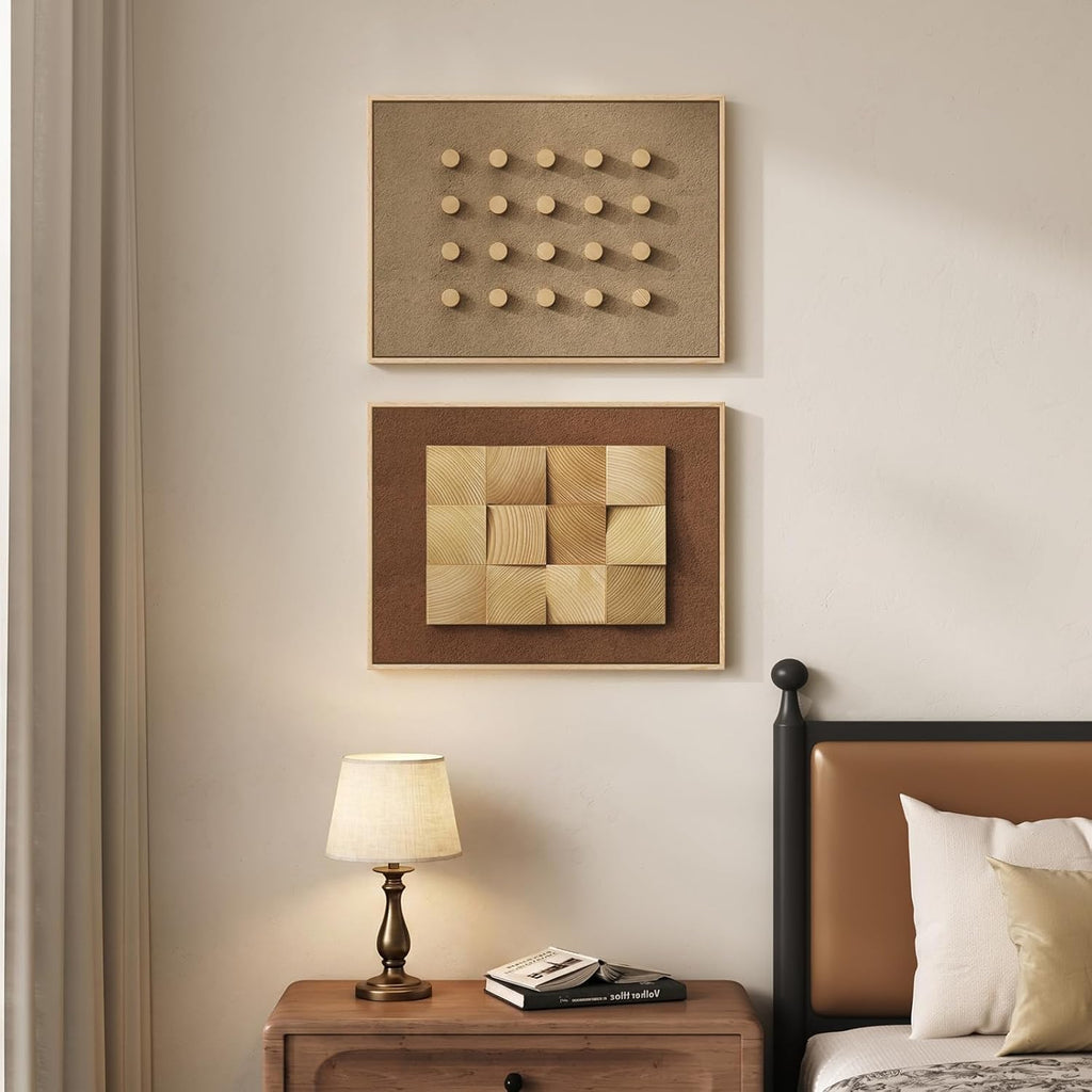 Framed Wood Wall Art Set of 2, Large 3D Textured Modern Minimalist Geometric Wooden Wall Decor, Neutral Brown Artwork for Living Room, Hallway, Dining Room, Bedroom, Office Aesthetic