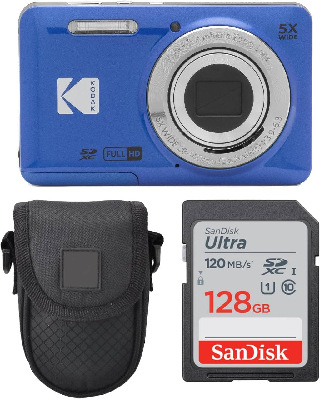 Kodak PIXPRO FZ55 Digital Camera (Blue) + Point & Shoot Camera Case + Sandisk 128GB SDXC Memory Card